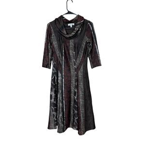 Robbie Bee A line Cowl Neck Dress Brown‎ Striped Animal Patch Size S NWT